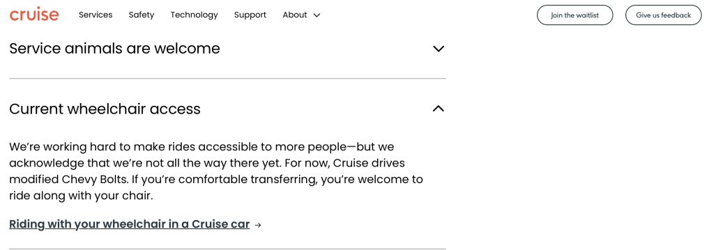 Screenshot from Cruise Accessibility Webpage 1 showing "Current wheelchair access"